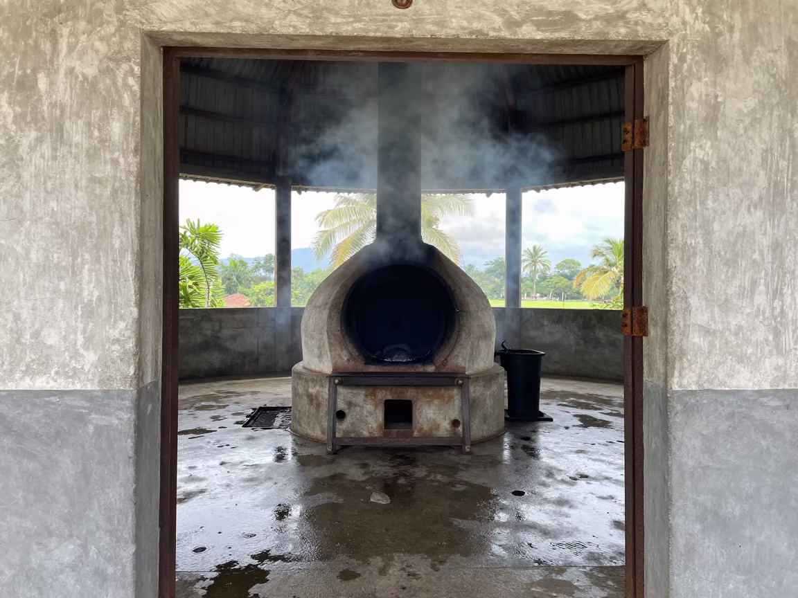 Charcoal Kiln Smoke in Turbine Hall Threshold in in a turbine hall near Pucallpa