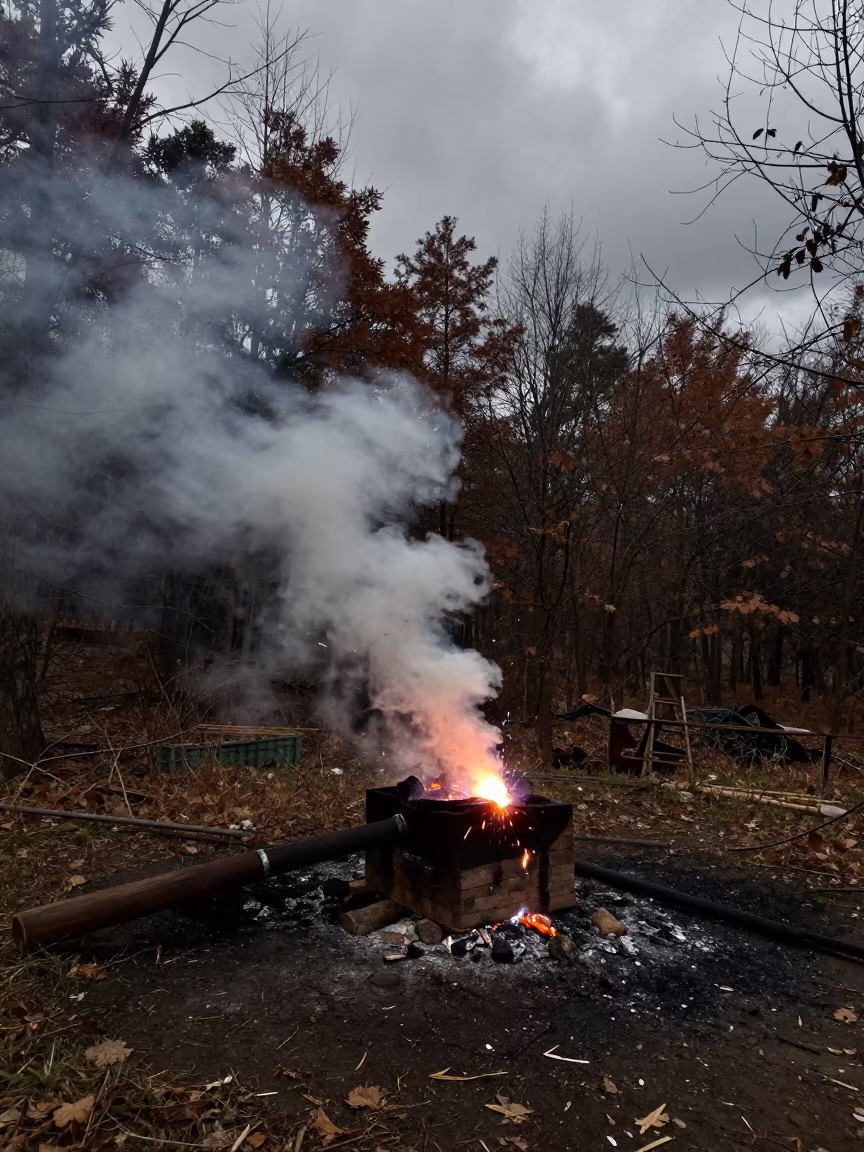 Charcoal Kiln Smoking in Dali Forest at Night in on a factory floor near Dali