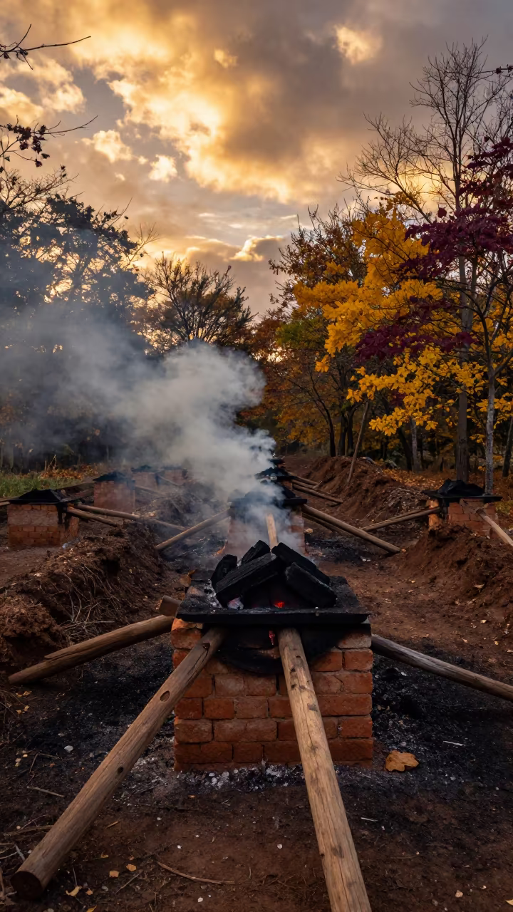 Charcoal Kiln Smoking in Golden Forest Light in in a machine shop near Kimberley