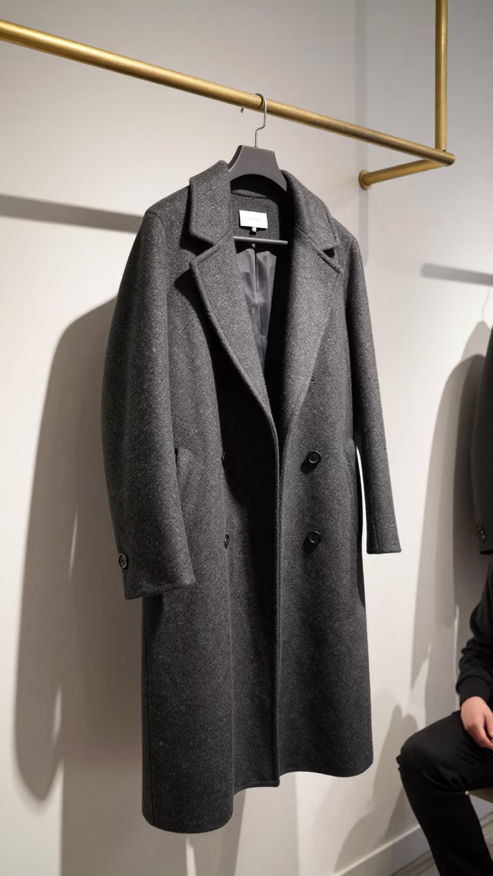 Charcoal Opera Coat on Brass Rail Lobamba in inside a minimalist showroom in Lobamba