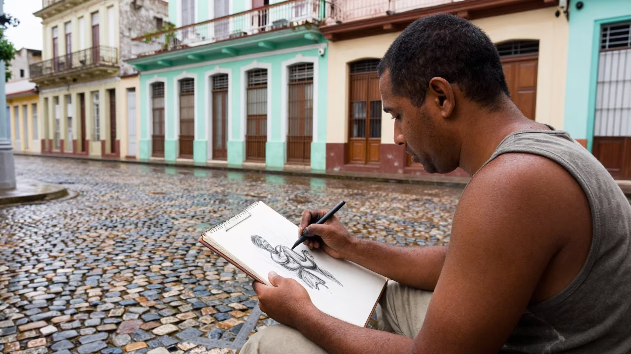 Charcoal Stained Artist Sketching in Cienfuegos in in the old quarter in Cienfuegos