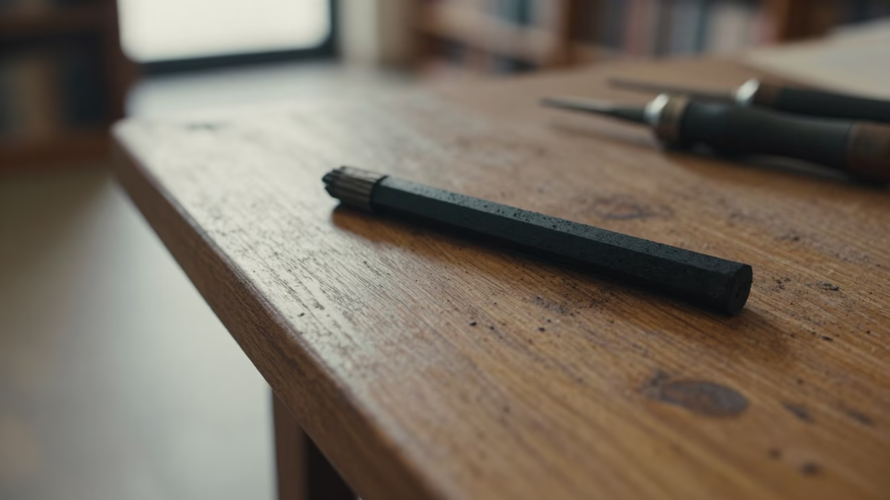 Charcoal Stick on Dusty Library Table Melbourne in on a dusty library table near Melbourne