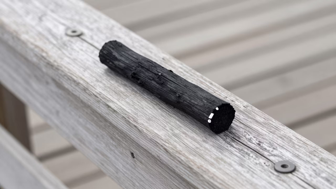Charcoal Stick on Pier Railing in Kosti Morning Light in on a pier railing in Kosti