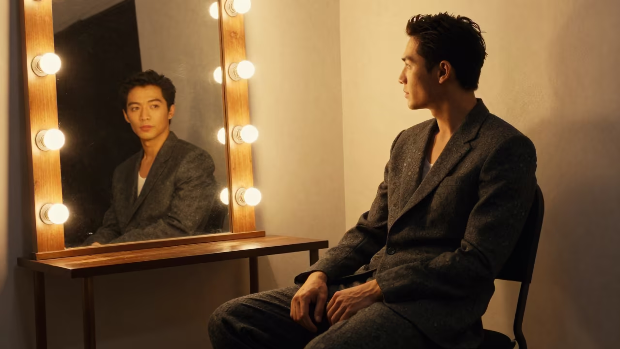 Charcoal Suit Beside Bulb-Lined Mirror in Thuc Duc in beside a mirror lined with makeup bulbs in Thủ Đức