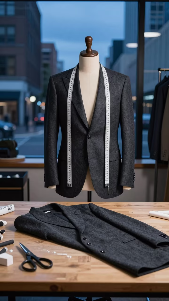 Charcoal Suit Measured in Sydney Twilight Atelier in at a tailoring table strewn with chalk and shears near Chippendale, Sydney
