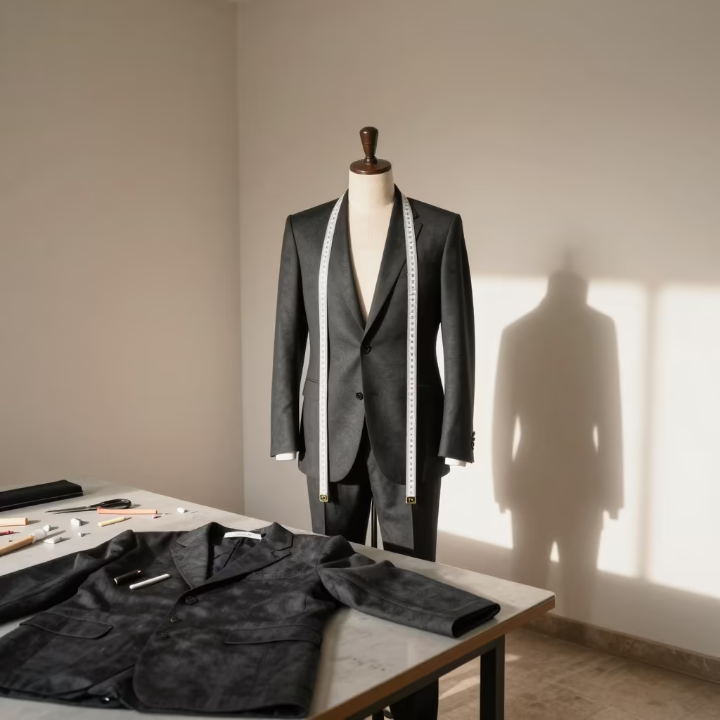 Charcoal Suit Measured in Tivaouane Tailor Shop in at a tailoring table strewn with chalk and shears in Tivaouane