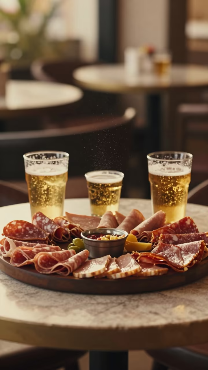 Charcuterie and Beer on Bobo-Dioulasso Cafe Table in on a marble cafe table in Bobo-Dioulasso