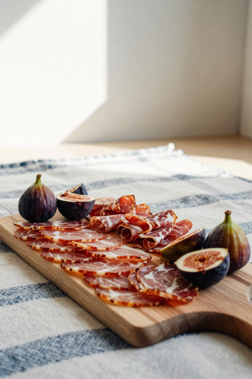 Charcuterie Board with Figs and Meats on Picnic Blanket in on a picnic blanket in Gölcük