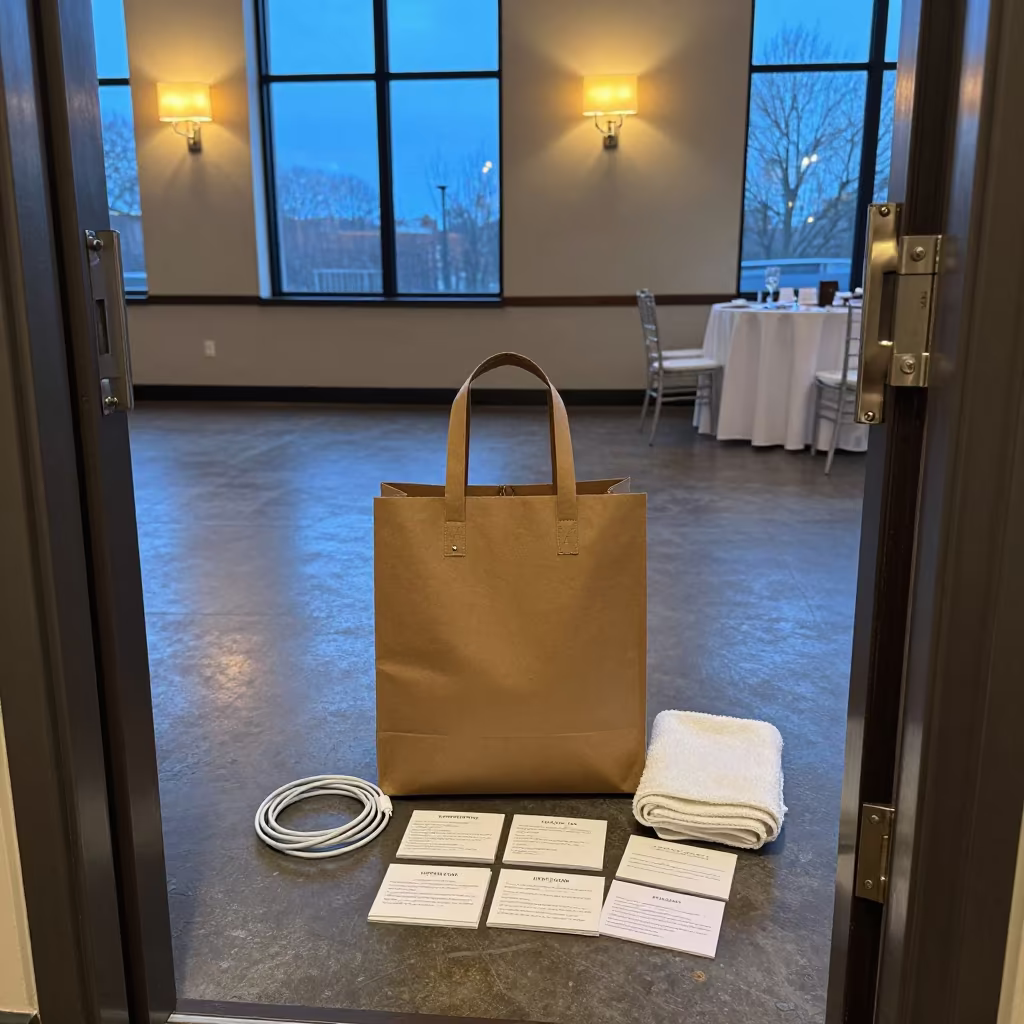 Charger Cable Tote in Dawn Banquet Hall Light in inside a banquet hall before service near 10th of Ramadan