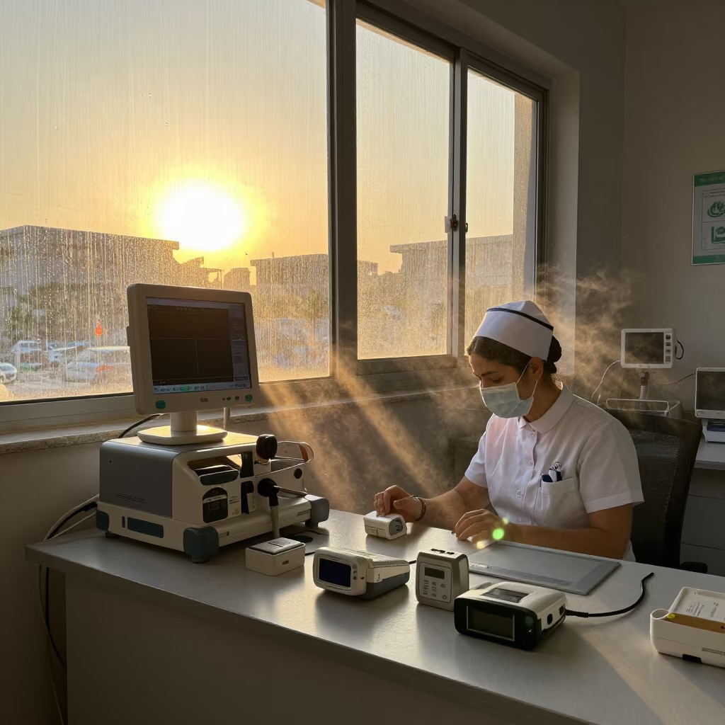 Charging Pagers at Nurse Station in Umm Qasr in at a nurse station under monitor glow in Umm Qasr