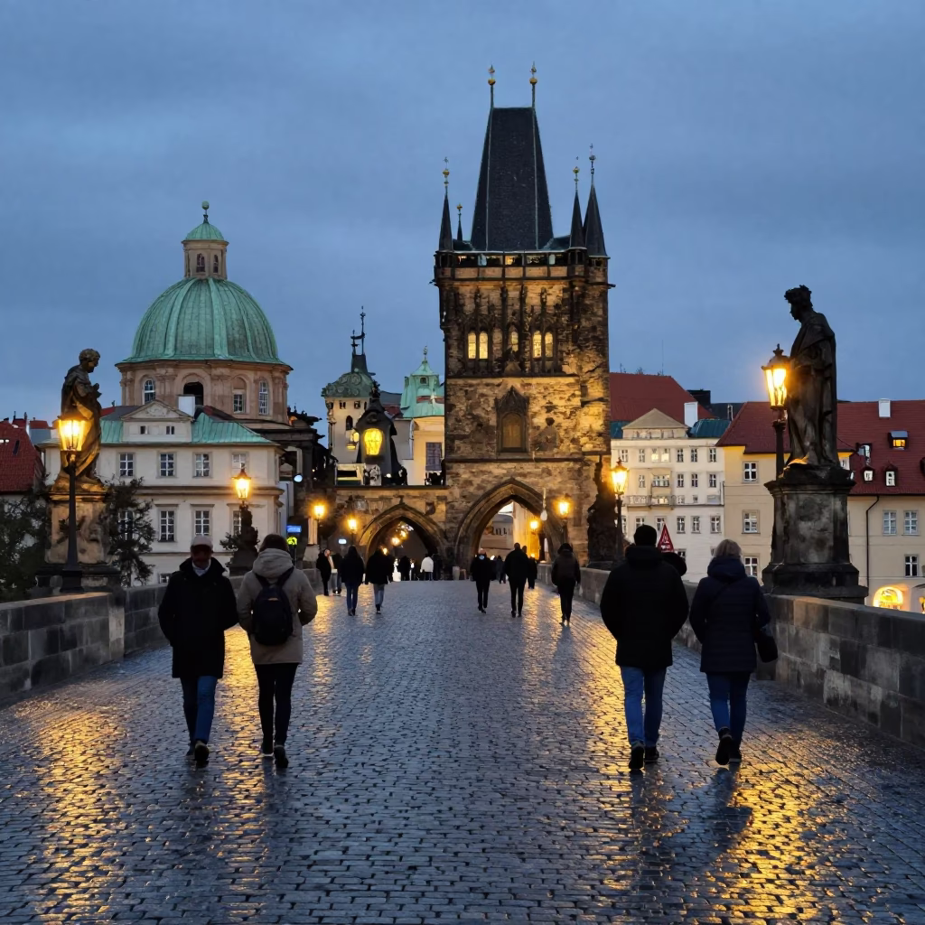 Charles Bridge Cobblestones And Gothic Architecture in Prague in in Prague, Czech Republic
