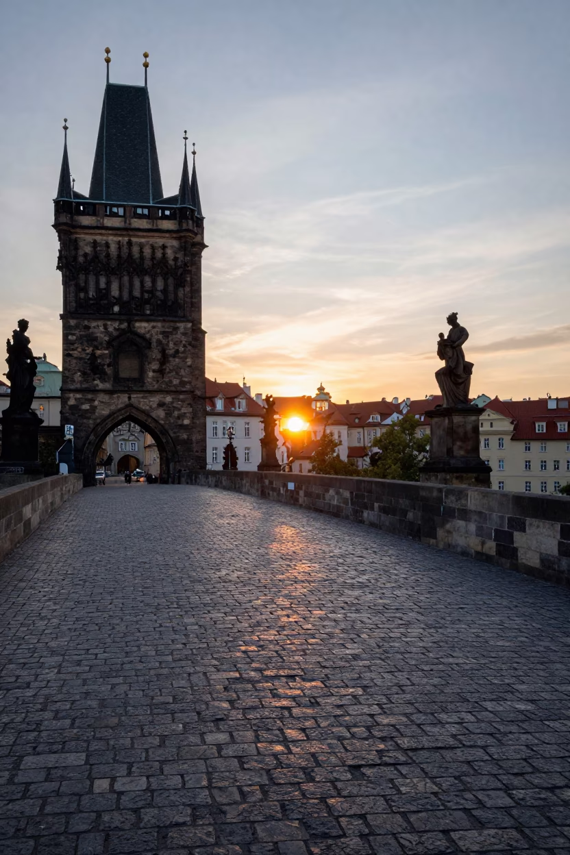 Charles Bridge in Prague at As The Sun Drops Toward The Horizon in in Prague, Czech Republic