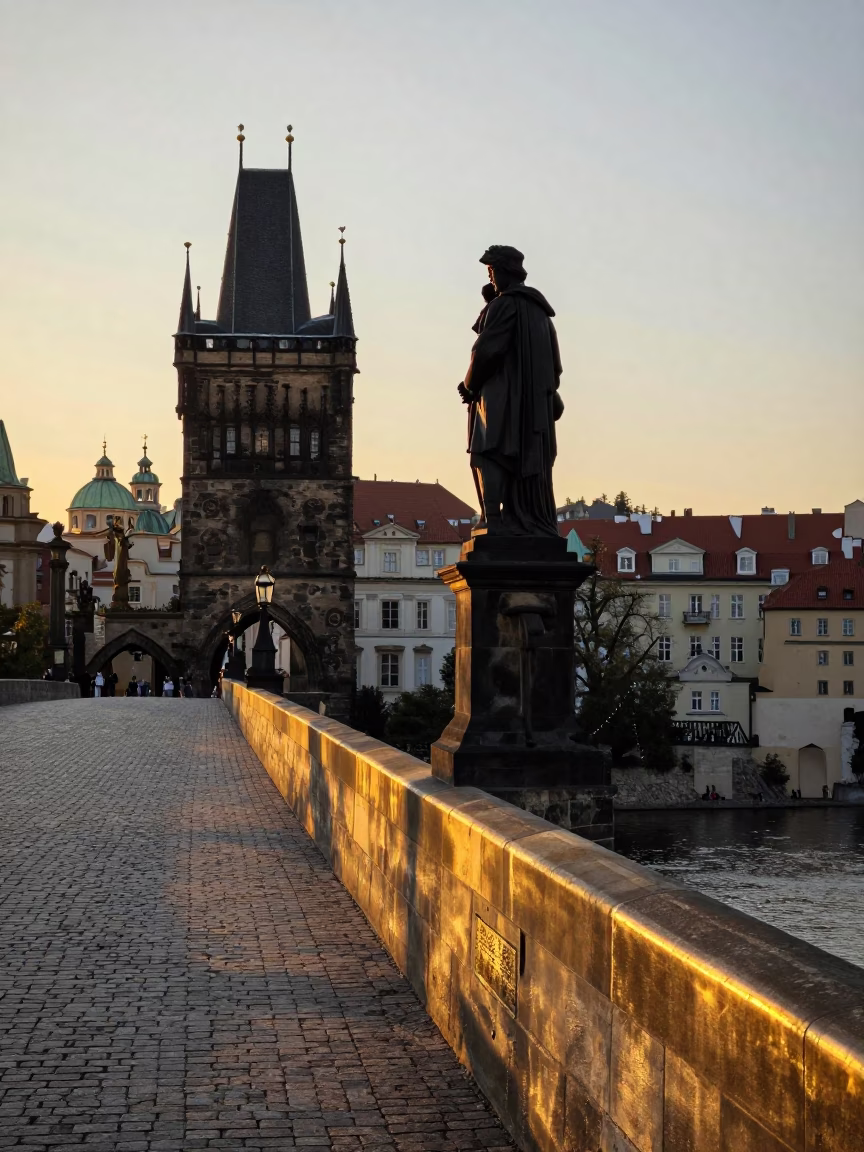 Charles Bridge in Prague at Sunset Light in in Prague, Czech Republic