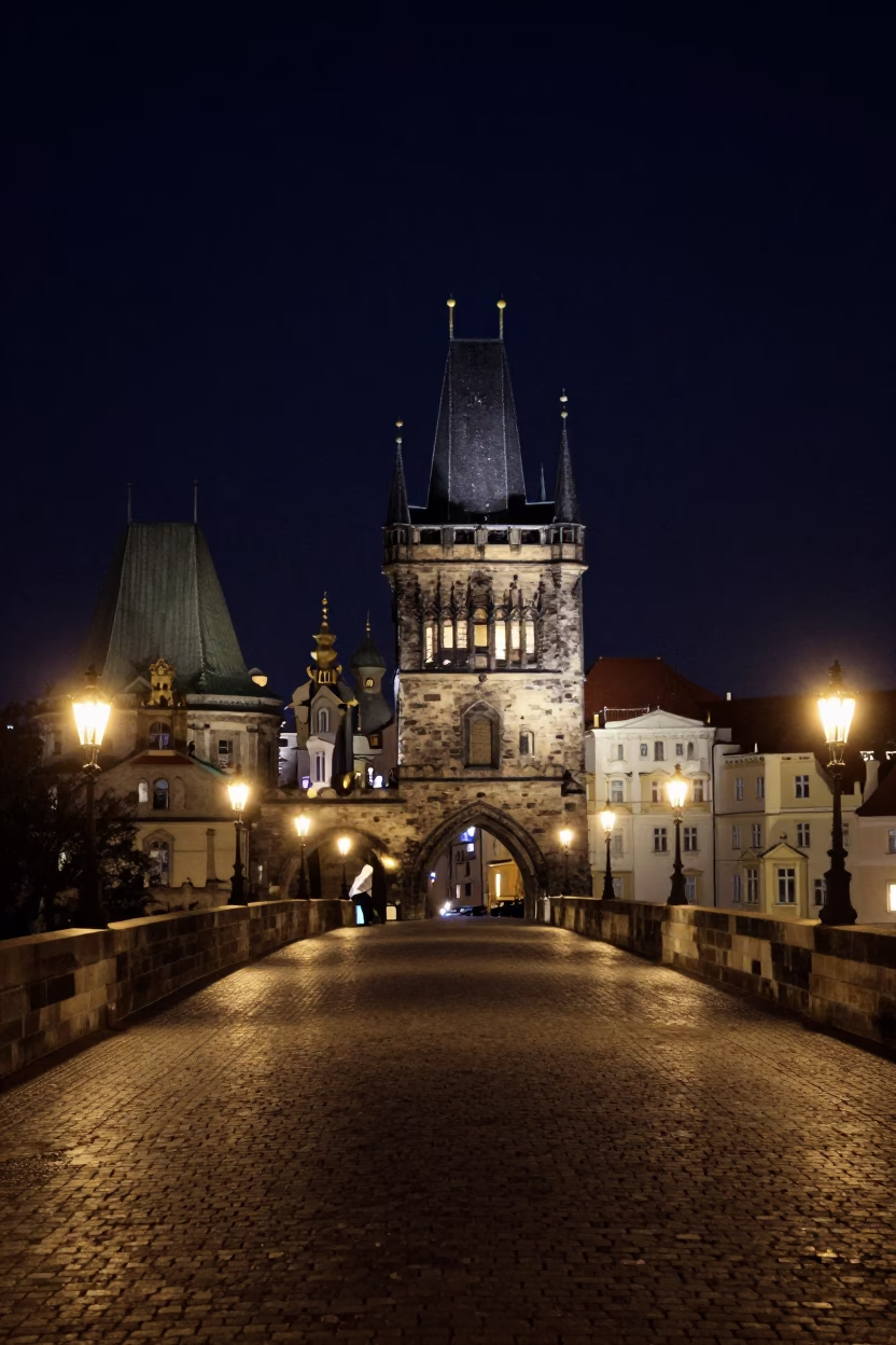 Charles Bridge in Prague at The Deepest Night Sky Light in in Prague, Czech Republic