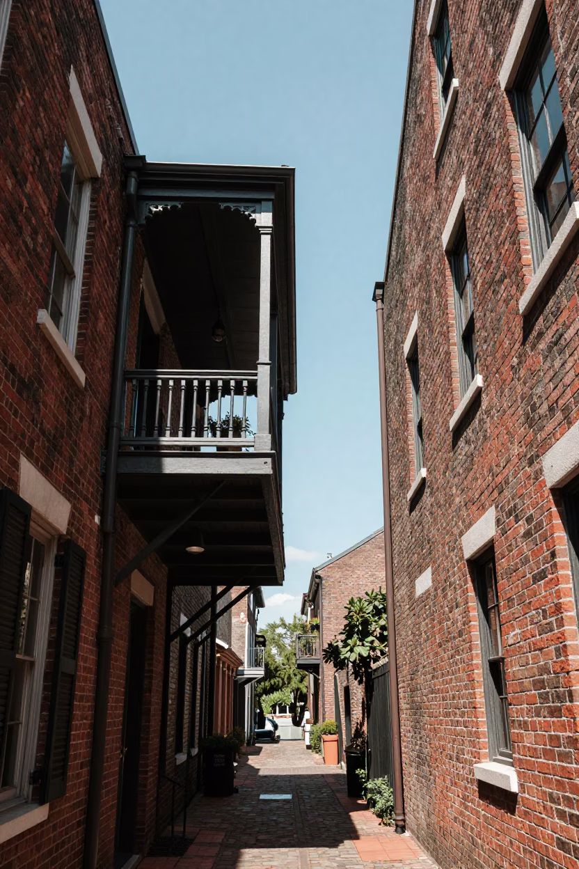 Charleston Balcony Details at The Flat Glare Of Noon Light in in Charleston, South Carolina, United States