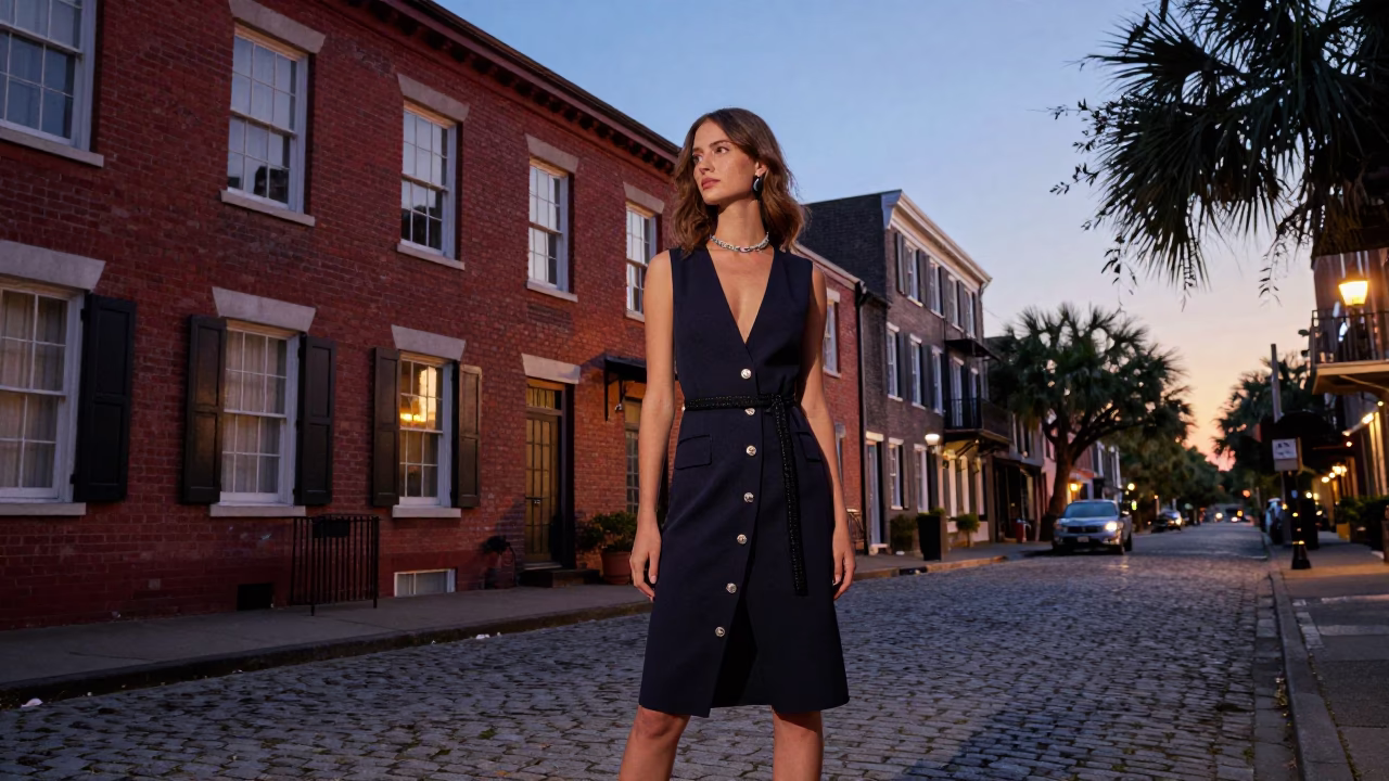 Charleston Blue Hour High Fashion Elegance on Historic Cobblestone Street with Brick Facades in in Charleston, South Carolina, United States