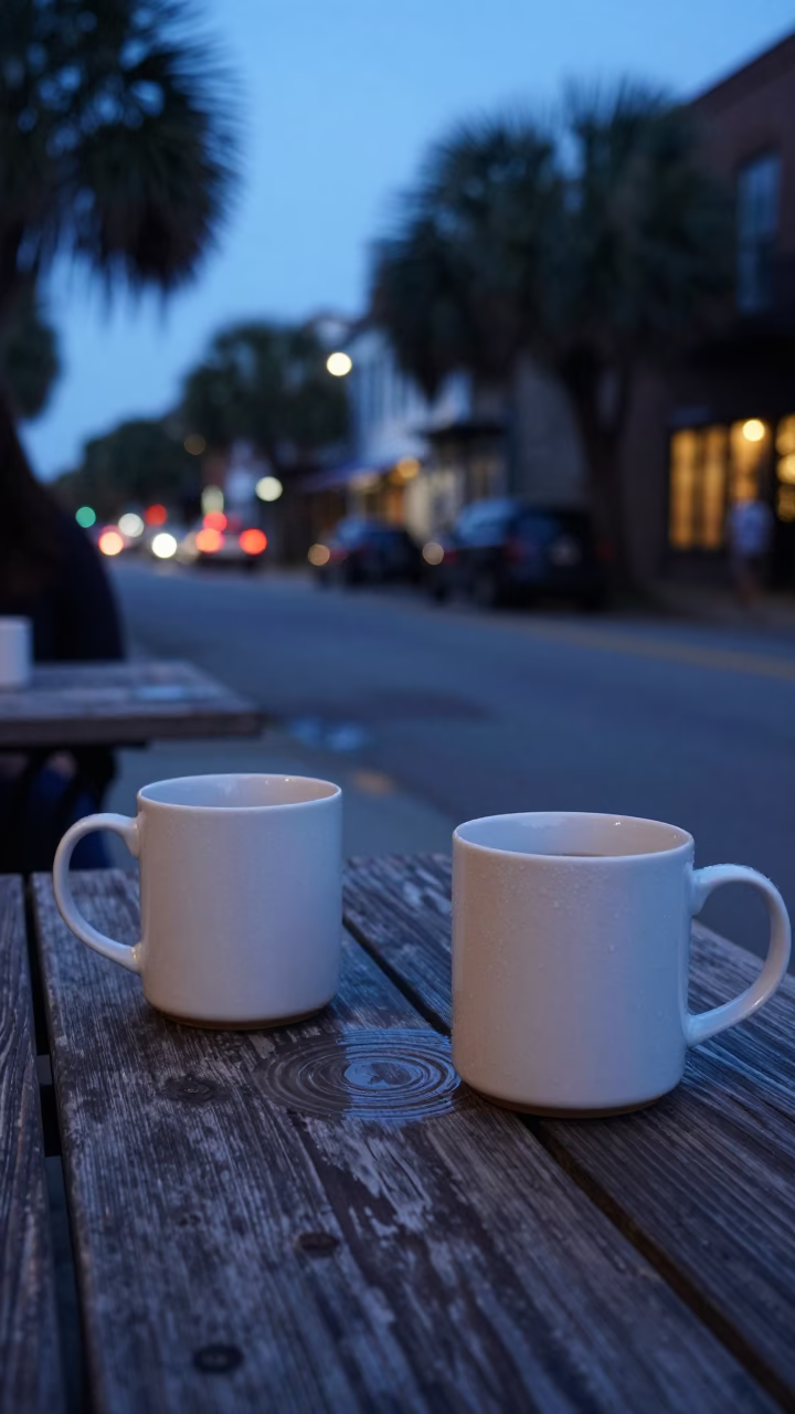 Charleston Blue Hour Street Scene with Coffee Mugs and Water Rings in in Charleston, South Carolina, United States