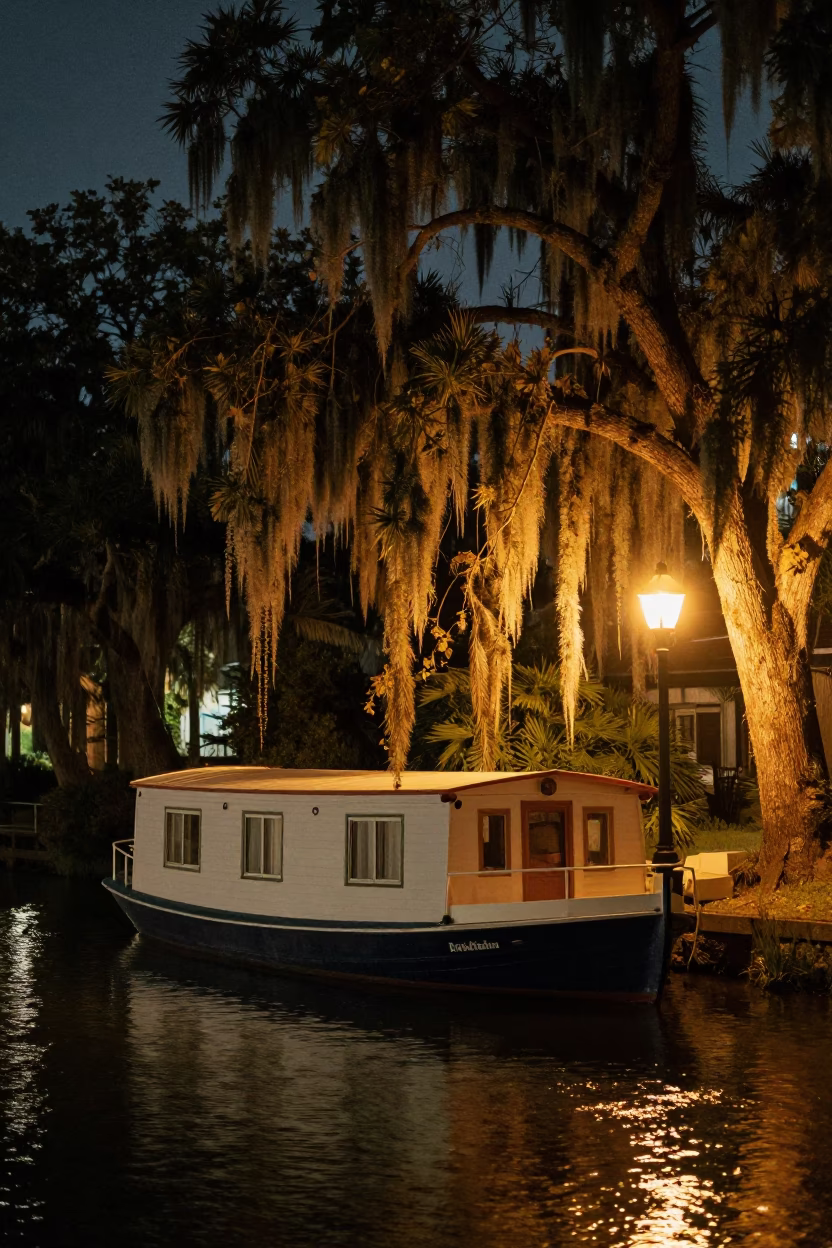 Charleston Canal Night Scene with Houseboat and Willows Under Streetlight in in Charleston, South Carolina, United States