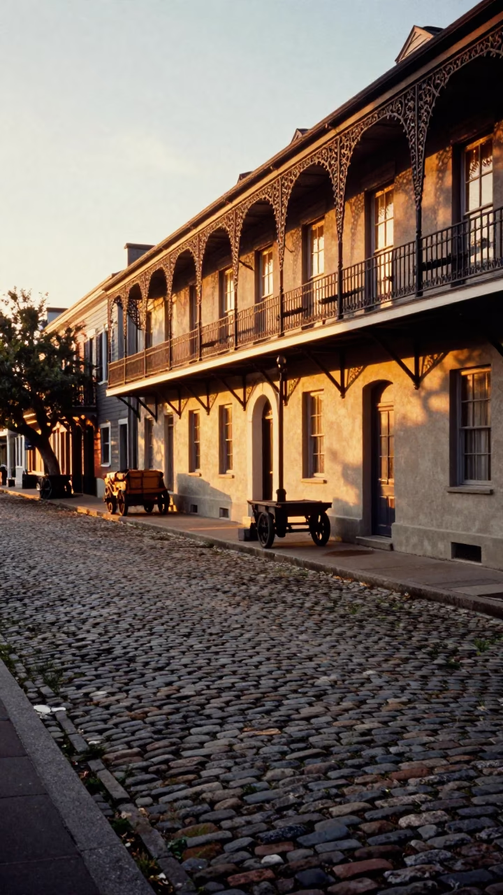 Charleston Cobblestone Street at Golden Hour in in Charleston, South Carolina, United States