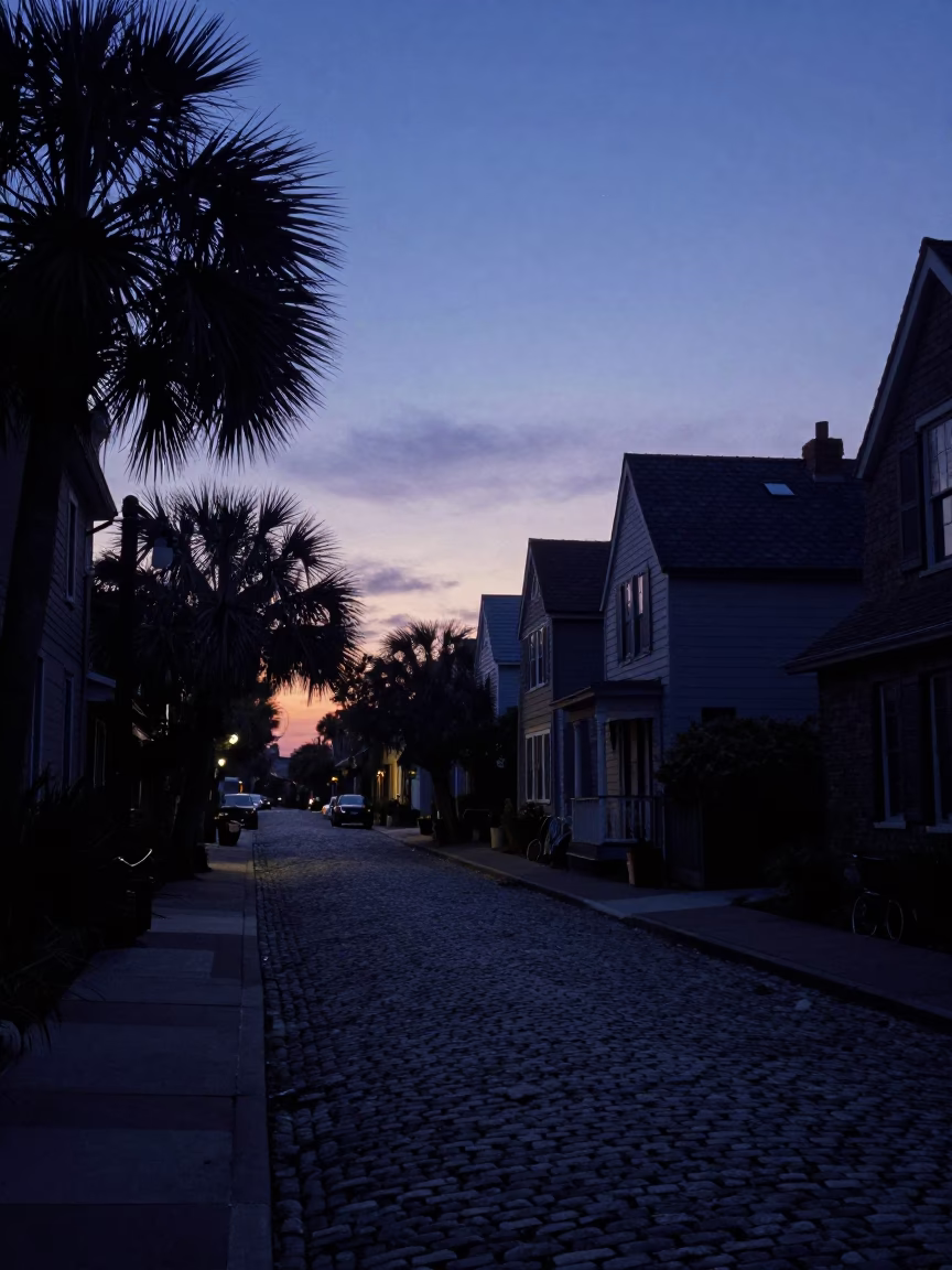 Charleston Cobblestone Street at Indigo Twilight After Sunset in in Charleston, South Carolina, United States