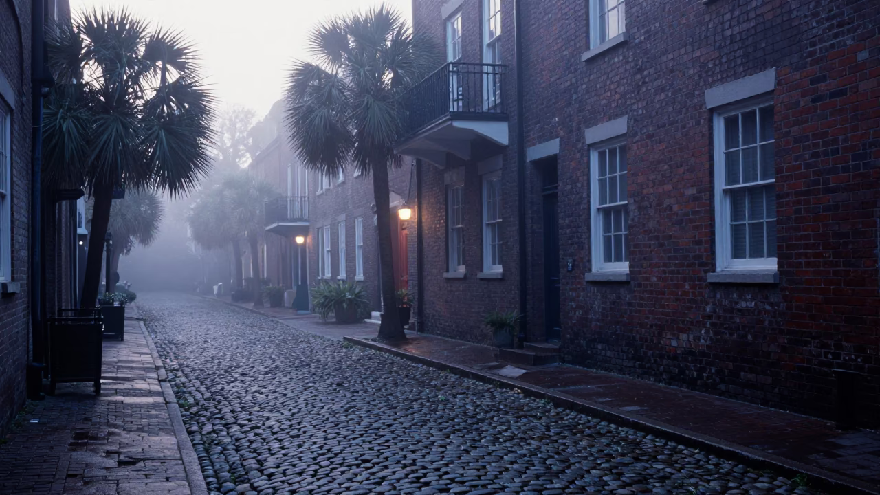 Charleston Dawn Mist Over Cobblestone Street With Historic Brick Facade in in Charleston, South Carolina, United States