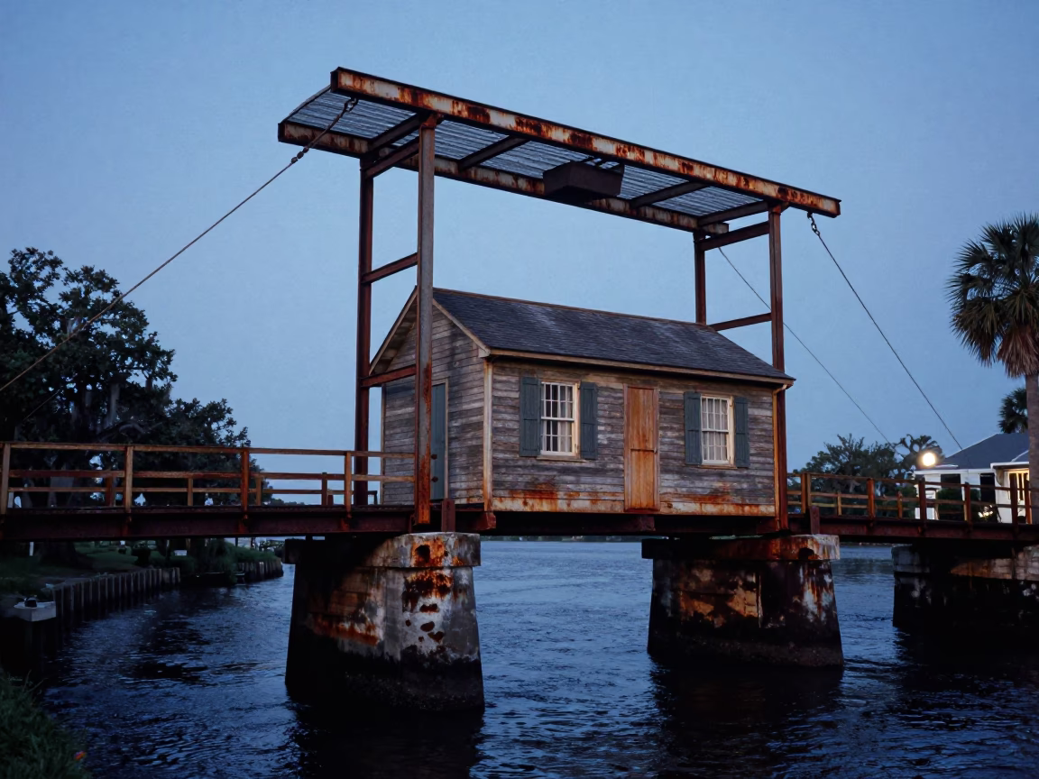 Charleston Drawbridge Counterweight House Above Black Tidal Channel in Evening Blue Light in in Charleston, South Carolina, United States