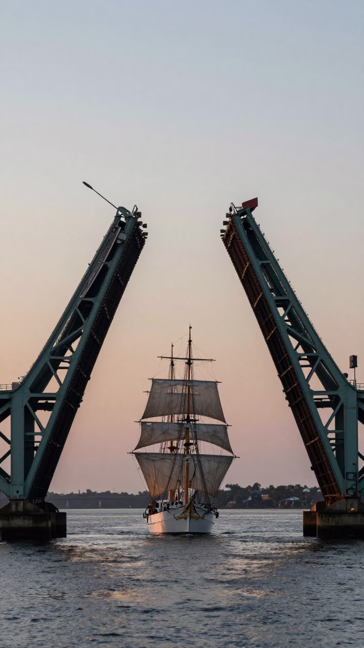 Charleston Drawbridge Raising for Tall Ship Before Dawn in South Carolina in in Charleston, South Carolina, United States