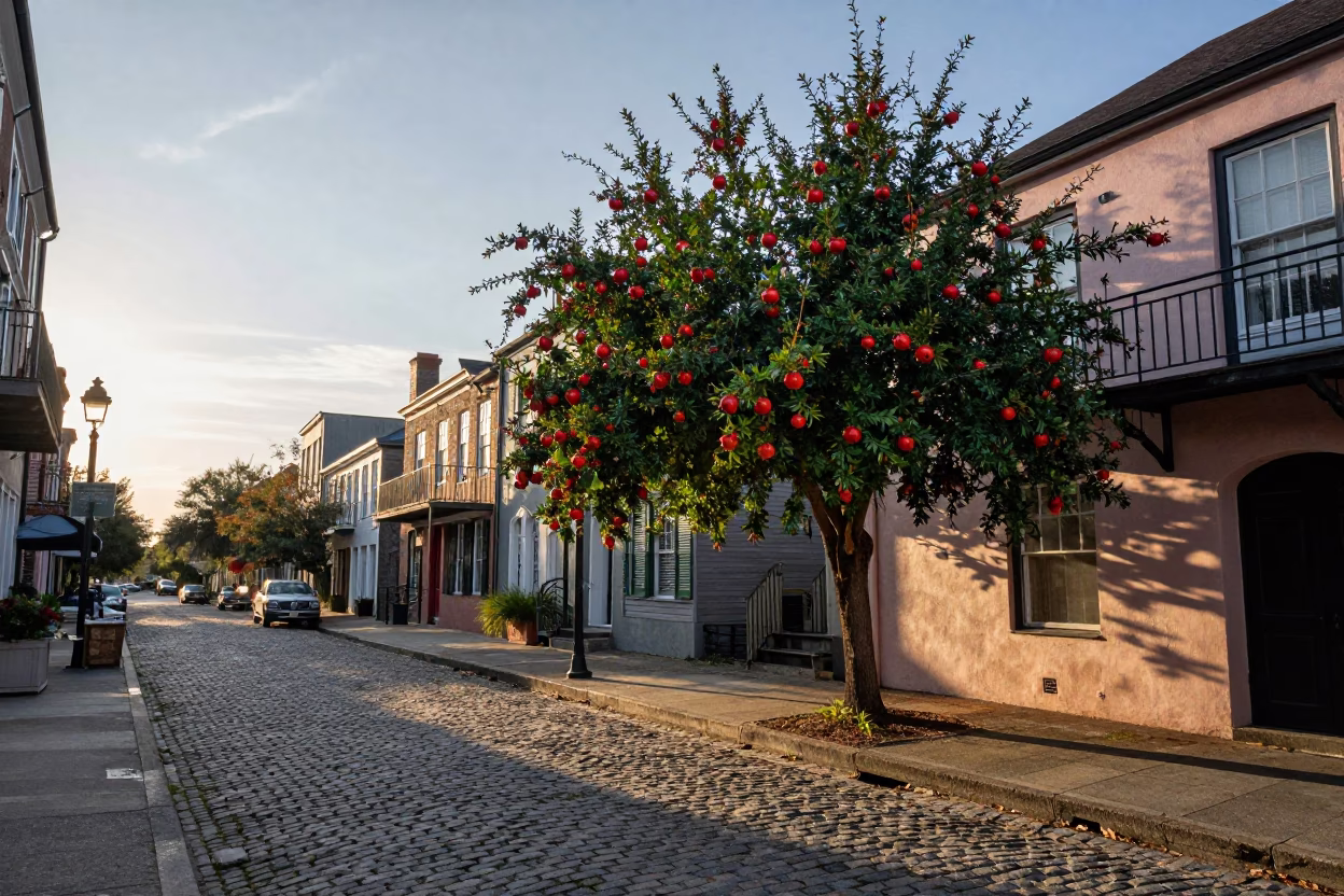 Charleston Early Evening Street Scene with Pomegranate Tree and Local Market Atmosphere in in Charleston, South Carolina, United States