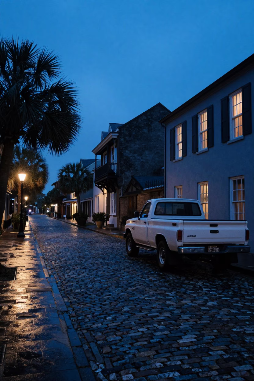 Charleston Evening Blue Hour Cobblestone Street and Historic Architecture in in Charleston, South Carolina, United States