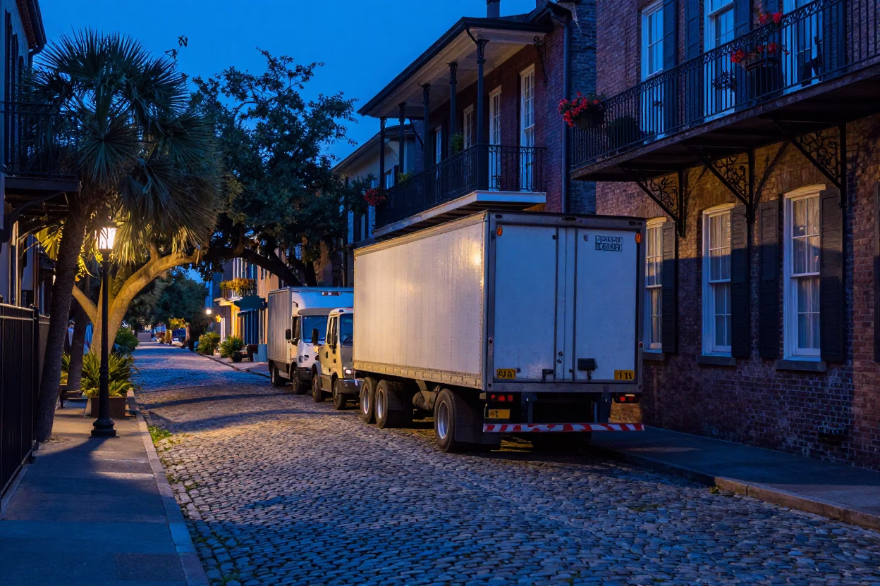 Charleston Evening Blue Hour Cobblestone Street with Semi-Trailer Loading Dock and Hose Nozzle in in Charleston, South Carolina, United States