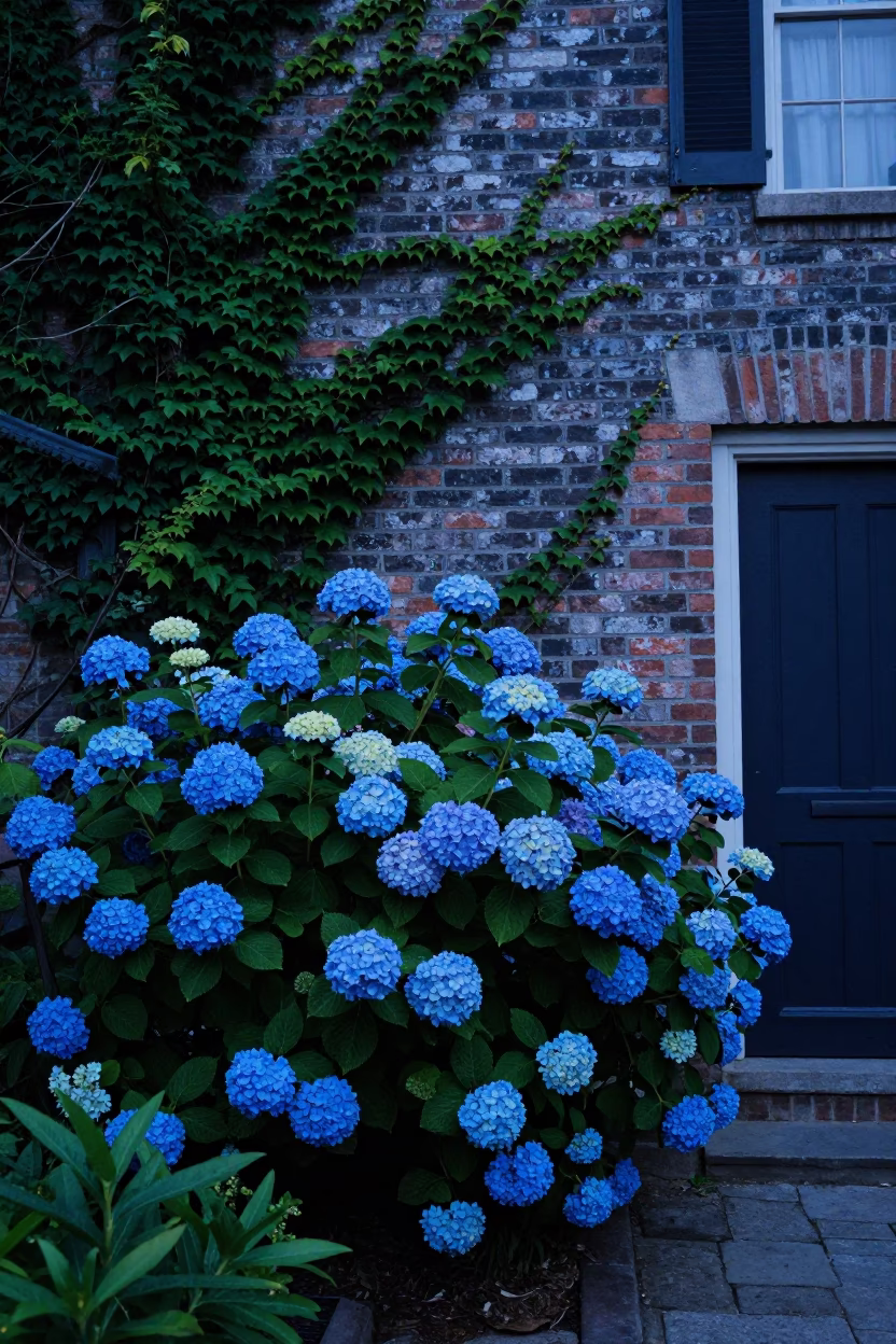 Charleston Evening Blue Hour Garden Hydrangea Bush and Vintage Glass Vase in in Charleston, South Carolina, United States