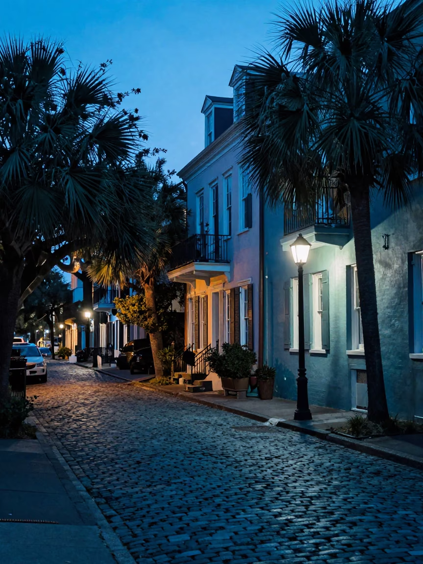 Charleston Evening Blue Hour Historic District Street Scene with Rusty Iron Balconies in in Charleston, South Carolina, United States