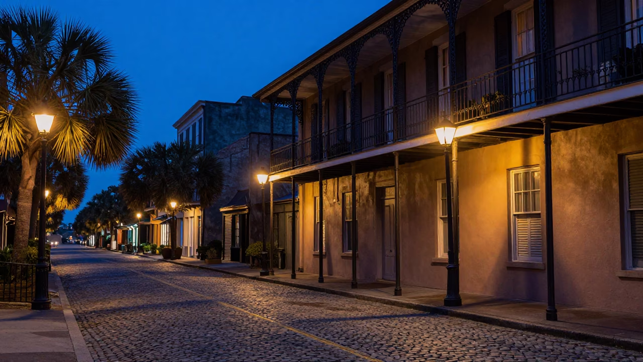 Charleston Evening Blue Hour Street Scene with Historic Architecture and Local Life in in Charleston, South Carolina, United States