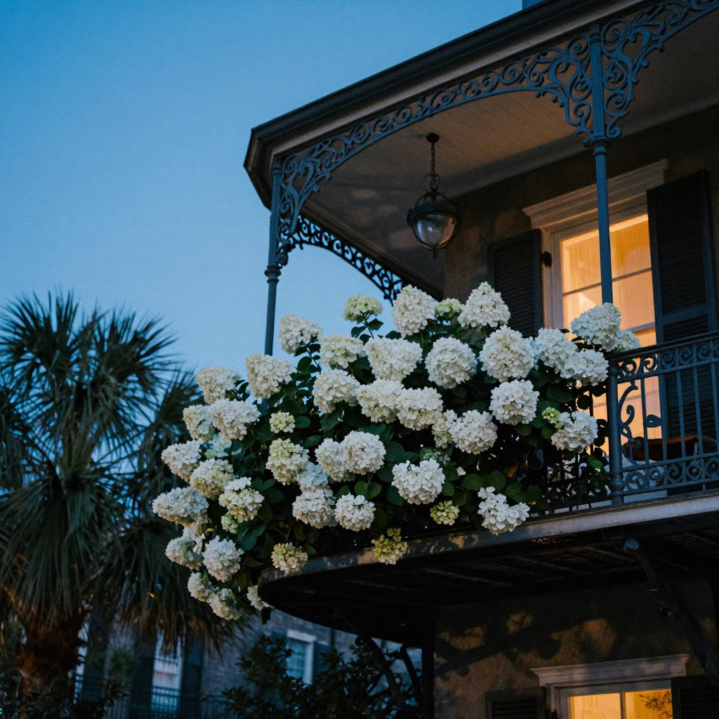 Charleston Evening Blue Hour with Hydrangeas and Woven Cane Light in in Charleston, South Carolina, United States