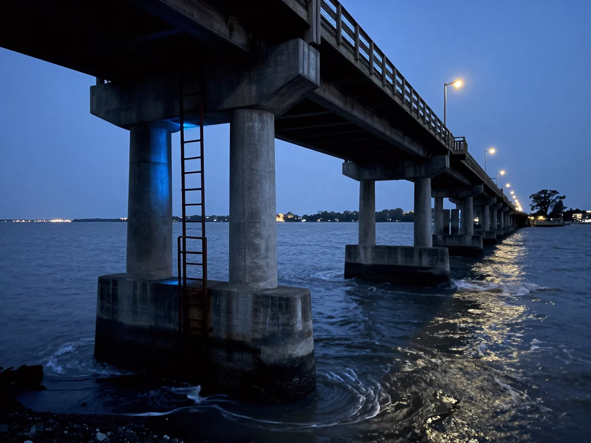 Charleston Evening Bridge Pier Inspection Ladder Above Choppy Estuary Water in Blue Light in in Charleston, South Carolina, United States