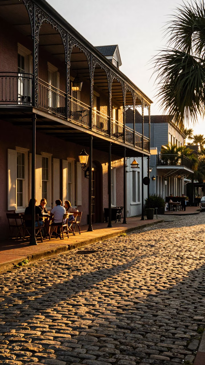 Charleston Evening Light on Historic Cobblestone Street with Local Diner Details in in Charleston, South Carolina, United States