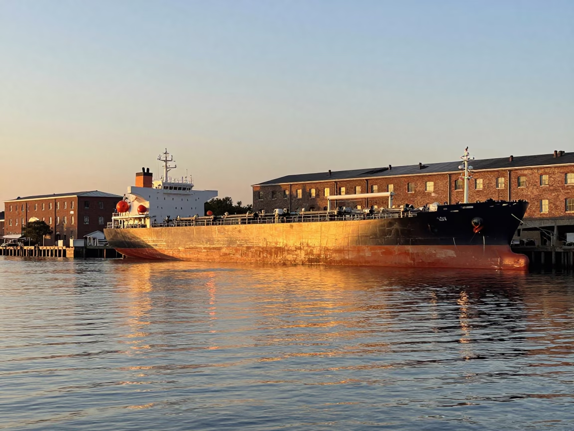 Charleston Evening Light Reflects on Harbor Tanker Ship Docked Near Refinery in in Charleston, South Carolina, United States