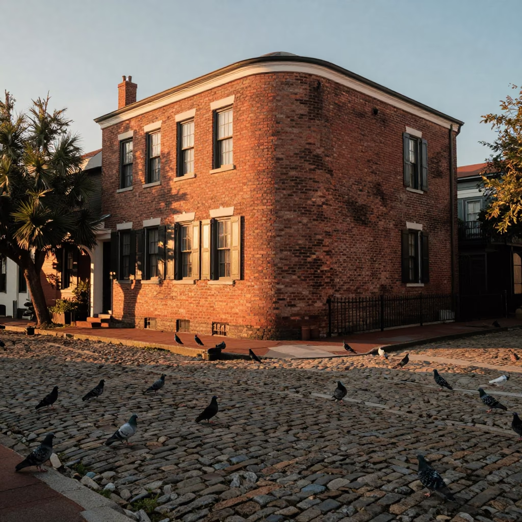 Charleston Evening Pigeons on Historic Cobblestone Street with Terracotta Pot in in Charleston, South Carolina, United States