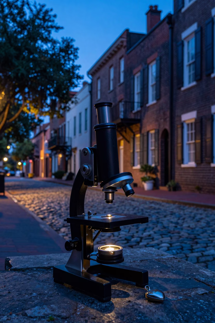 Charleston Evening Street Scene with Antique Microscope and Locket in Historic District in in Charleston, South Carolina, United States