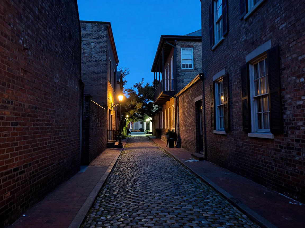 Charleston Evening Street Scene with Brick Alleyway and Vintage Details in in Charleston, South Carolina, United States