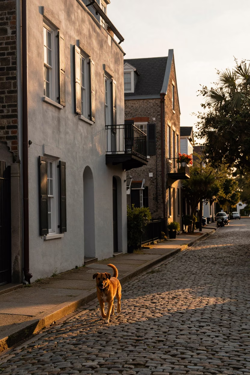 Charleston evening street scene with brown dog and historic architecture in in Charleston, South Carolina, United States