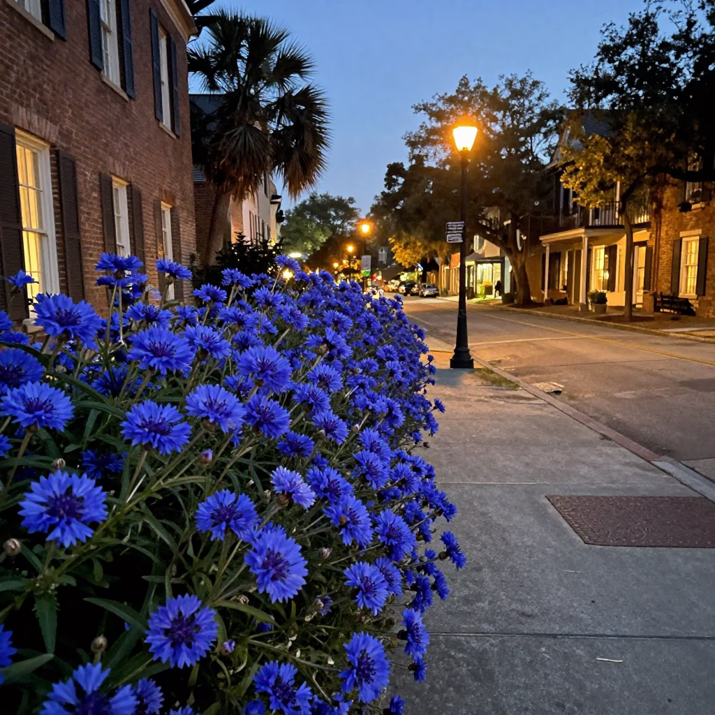 Charleston Evening Street Scene with Cornflower Blue Plumbago Hedge and Historic Architecture in in Charleston, South Carolina, United States