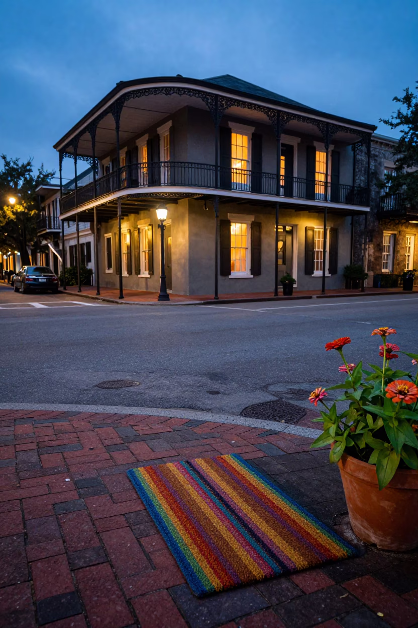 Charleston Evening Street Scene with Doormat and Zinnias at Dusk in in Charleston, South Carolina, United States