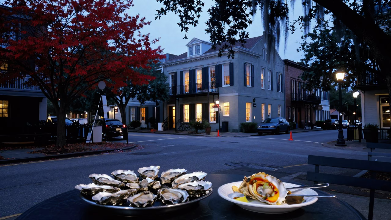 Charleston Evening Street Scene with Japanese Maple and Oyster Shells in in Charleston, South Carolina, United States