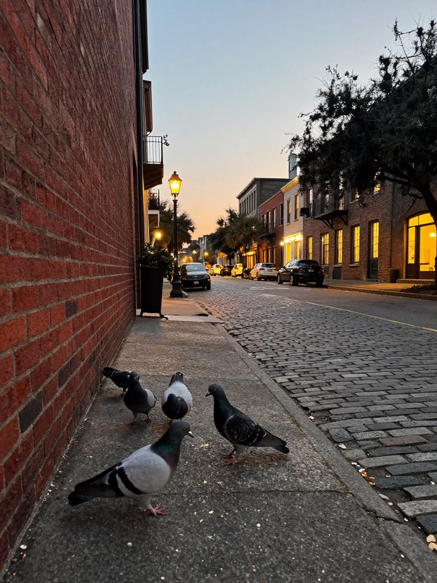 Charleston Evening Street Scene with Pigeons and Brick Architecture in in Charleston, South Carolina, United States