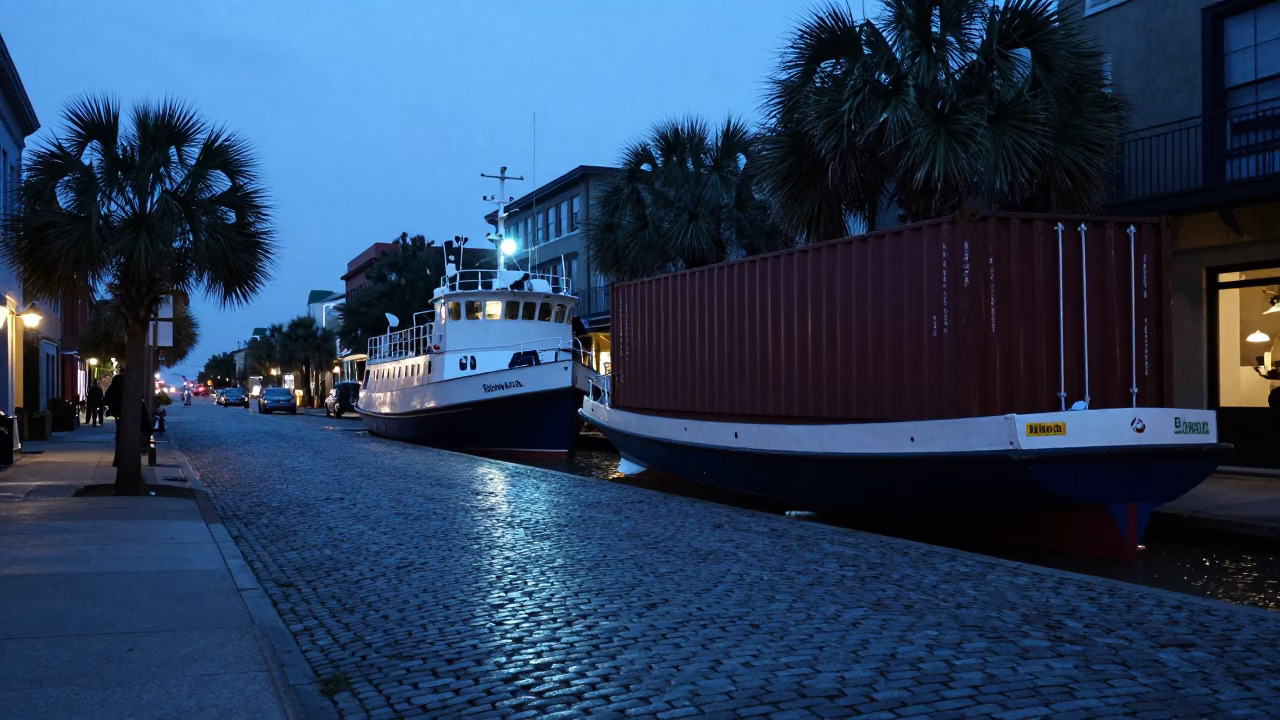Charleston Evening Street Scene with Pilot Boat and Container Ship in Harbor in in Charleston, South Carolina, United States