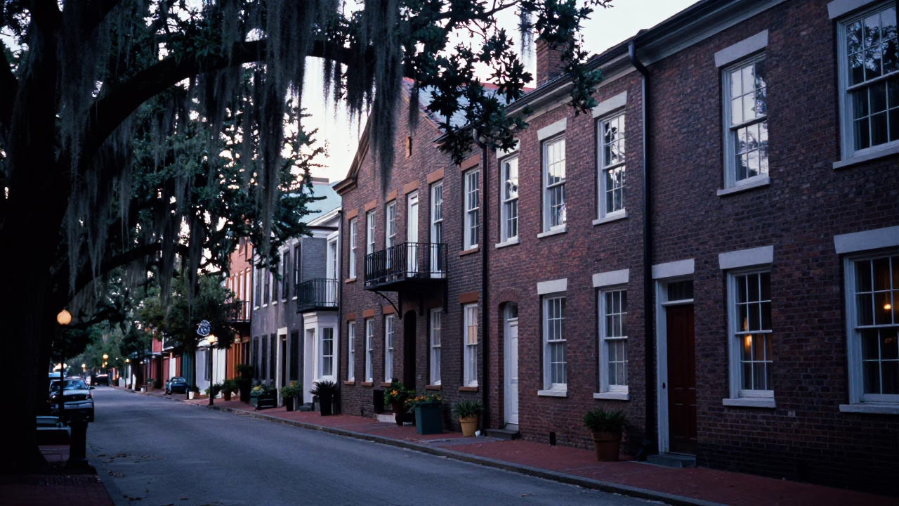 Charleston Evening Street Scene with Spanish Moss and Historic Brick Architecture in in Charleston, South Carolina, United States