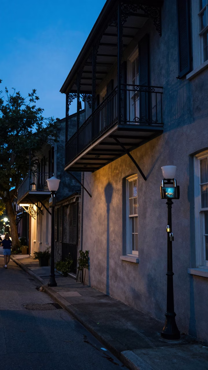 Charleston Evening Street Scene with Vintage Padlock and Candlestick in in Charleston, South Carolina, United States