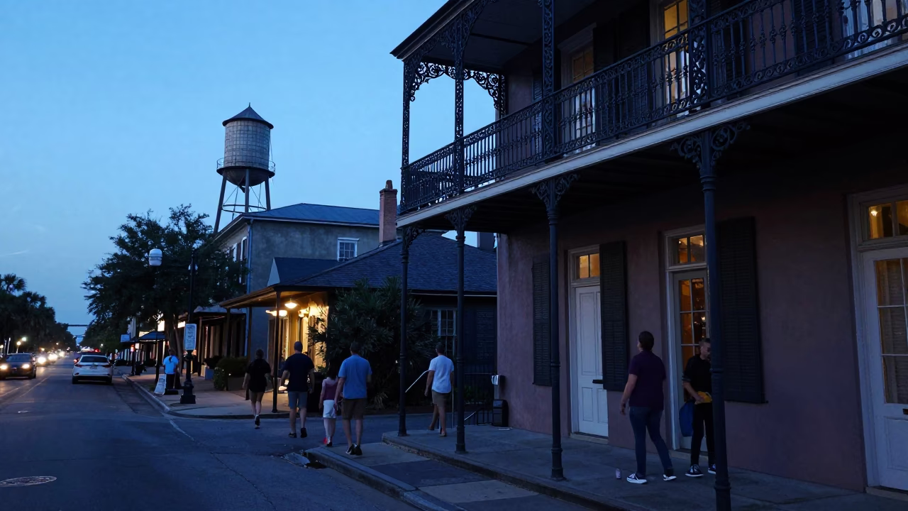 Charleston Evening Street Scene with Water Tower and Local Activity in Blue Hour Light in in Charleston, South Carolina, United States