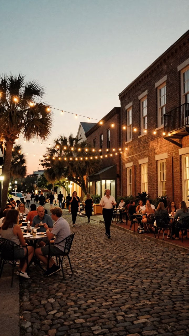 Charleston Evening String Lights Over Cobblestone Street with Local Diners in in Charleston, South Carolina, United States